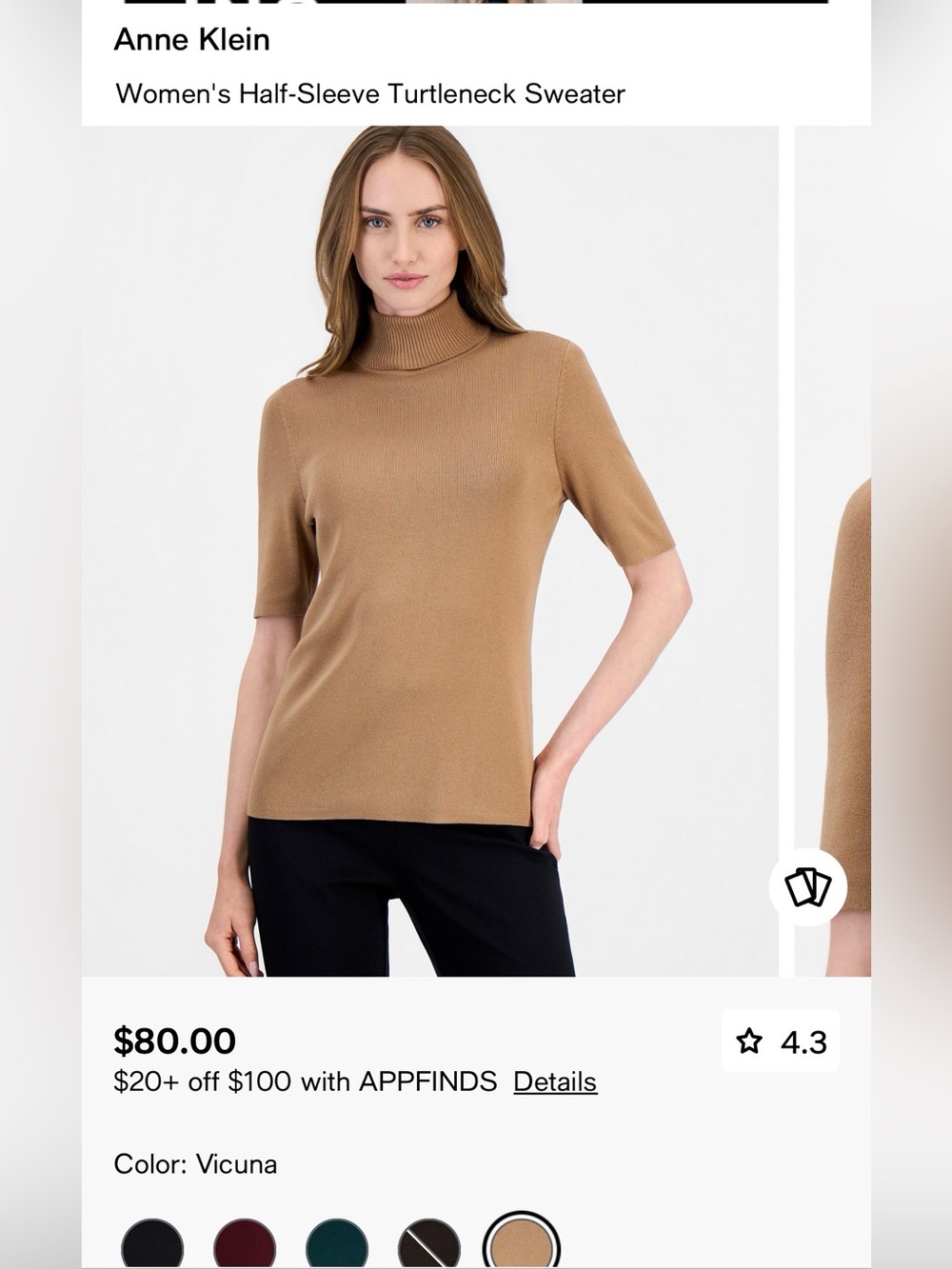 Anne Klein Camel Short-Sleeve Turtleneck Sweater